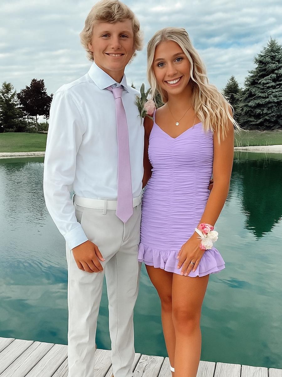 Cute Sheath Satin Short Homecoming Dress with Ruffles