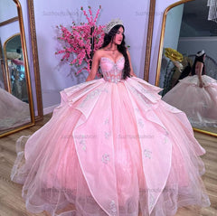 Cute & Sweet Ball Gown Sweetheart Neck Lace Flower Appliques Tiered Ruffles Pink Tulle Princess Quinceanera Dress Formal Evening Dress For Sweet 16