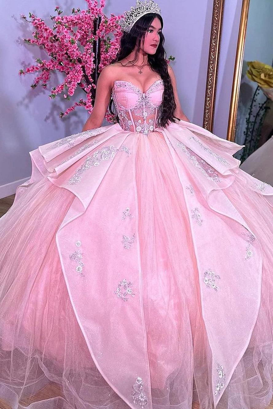 Cute & Sweet Ball Gown Sweetheart Neck Lace Flower Appliques Tiered Ruffles Pink Tulle Princess Quinceanera Dress Formal Evening Dress for Sweet 16 Cute & Sweet Ball Gown Sweetheart Neck Lace Flower Appliques Tiered Ruffles Pink Tulle Princess Quinceanera Dress Formal Evening Dress for Sweet 16