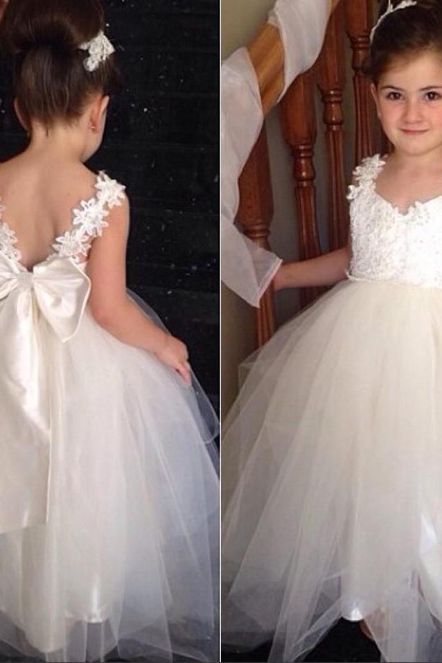Cute Tulle Lace Applique Flower Girl Dresses Backless Long Bowknot Children Gowns BO8533