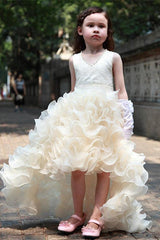 Cute V-Neck Organza Princess Girl Dress Bowknot Hi-Lo Sleeveless Flower Girl Dresses