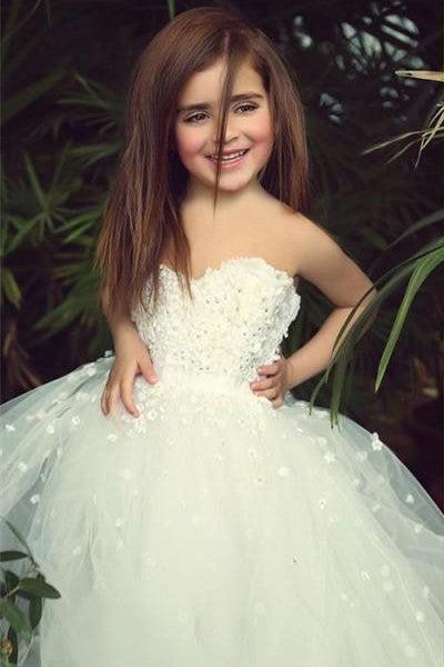 Cute White Sweetheart Lace Flower Girl Dress A-Line Tulle Long Sleeveless Dresses for Girls BA5056
