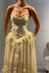 Strapless Sleeveless Long Evening Formal Dress With Pleated Appliques