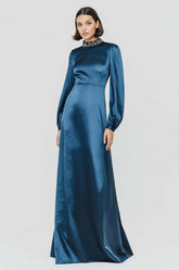Suzhoufashion Dark Blue High Neck A-Line Long Satin Prom Dress With Beading