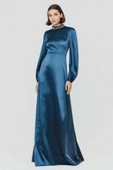 Suzhoufashion Dark Blue High Neck A-Line Long Satin Prom Dress With Beading