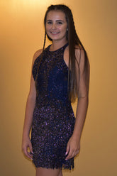 Dark Blue Homecoming Dresses Open Back Sequin Prom Dress