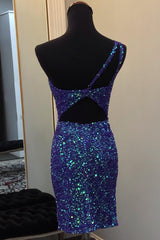 Dark Blue Homecoming Dresses Sequin Open Back Tight Short Cocktail Dresses