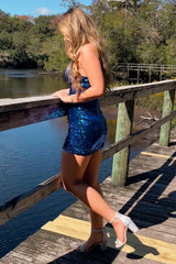 Dark Blue Homecoming Dresses Sequin Short Tight Prom Dress