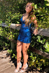 Dark Blue Homecoming Dresses Sequin Short Tight Prom Dress