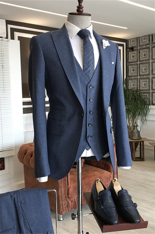 Dark Blue Peaked Lapel 3 Piece Close Fitting Men's Business Suit