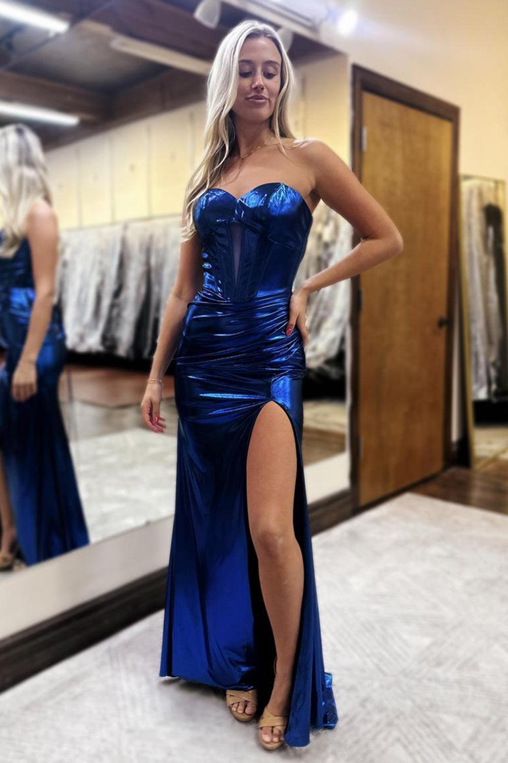 Suzhoufashion Dark Blue Prom Dress Metallic Sweetheart Mermaid Formal Dress With Slit suzhoufashion Suzhoufashion Dark Blue Prom Dress Metallic Sweetheart Mermaid Formal Dress With Slit suzhoufashion