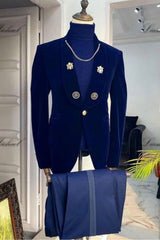 Dark Blue Shawl Lapel 2 Piece Velvet Men's Wedding Suit