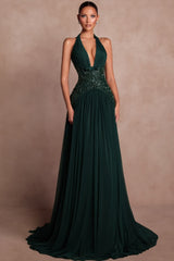 Dark Green Chiffon A Line Prom Dress with Halter Neck and Open Back