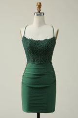 Dark Green Homecoming Dresses Beaded Short Tight Prom Dress with Appliques
