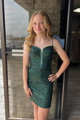 Dark Green Homecoming Dresses Corset Sequin Sleeveless Tight Prom Dress