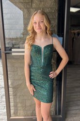 Dark Green Homecoming Dresses Corset Sequin Sleeveless Tight Prom Dress