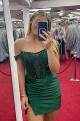 Dark Green Homecoming Dresses Detachable Off the Shoulder Satin Tight Short Cocktail Dresses with Sequin