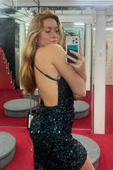 Dark Green Homecoming Dresses Halter Open Back Bodycon Prom Dress With Sequin