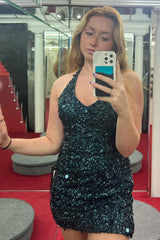 Dark Green Homecoming Dresses Halter Open Back Bodycon Prom Dress With Sequin