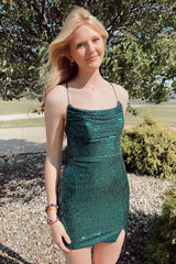 Dark Green Homecoming Dresses Sequin Lace-Up Back Tight Short Cocktail Dresses with Slit