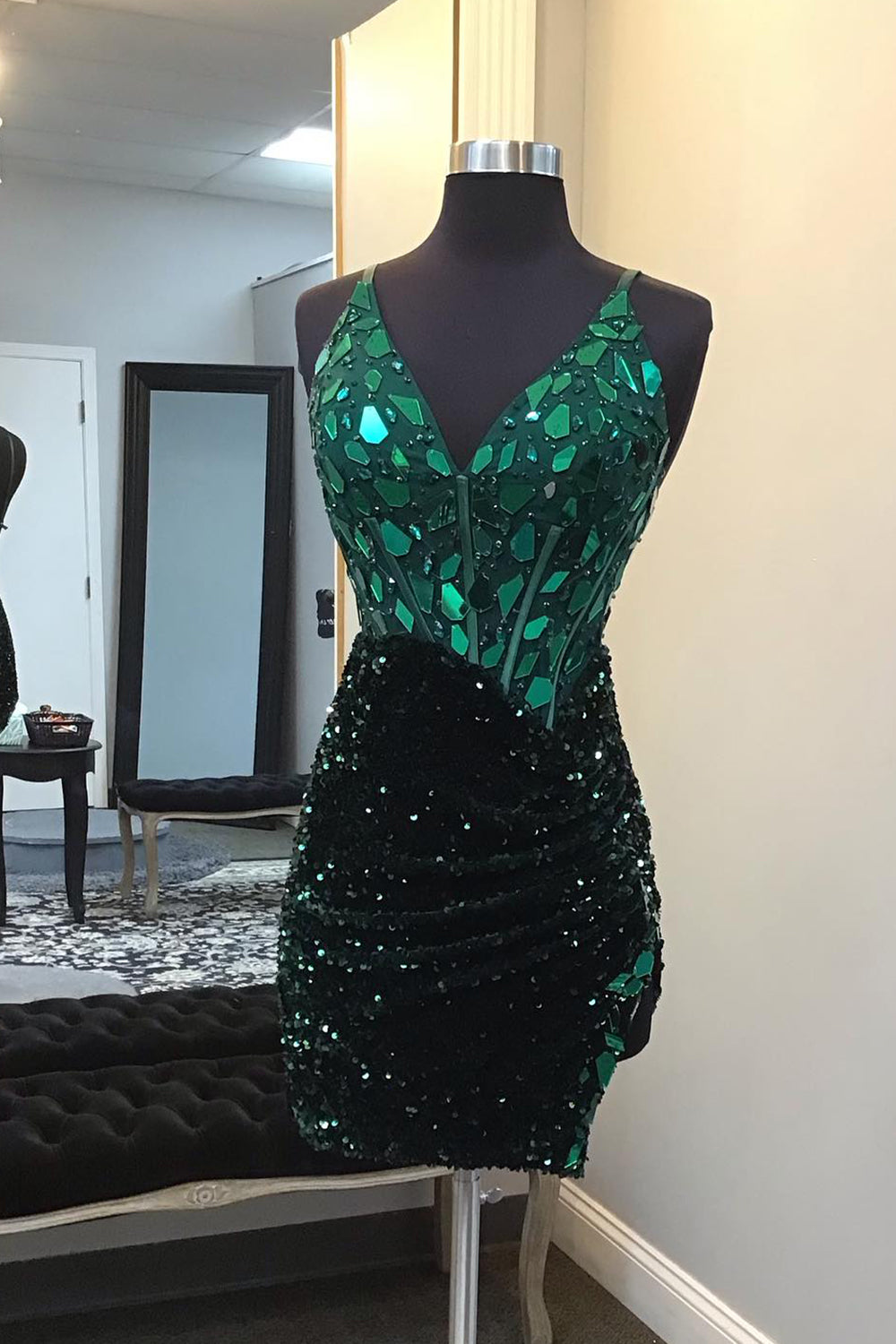 Dark Green Homecoming Dresses Sequin Mirror Tight Short Cocktail Dresses