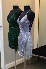 Dark Green Homecoming Dresses Sequin Tight Prom Dress with Fringes