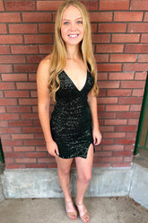 Dark Green Homecoming Dresses Sequined Tight Short Cocktail Dresses with Slit
