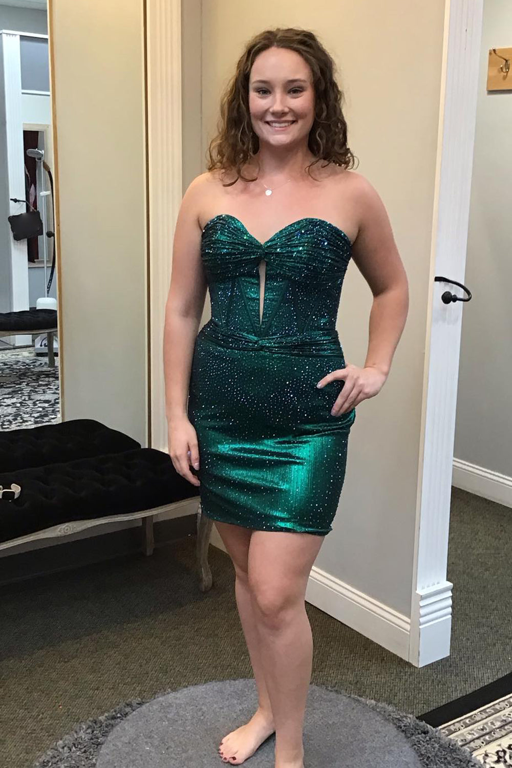 Dark Green Homecoming Dresses Strapless Corset Tight Short Cocktail Dresses with Beadings