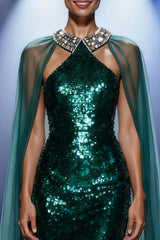 Suzhoufashion Dark Green Mermaid Halter Long Sequin Pageant Dress With Cape