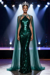 Suzhoufashion Dark Green Mermaid Halter Long Sequin Pageant Dress With Cape