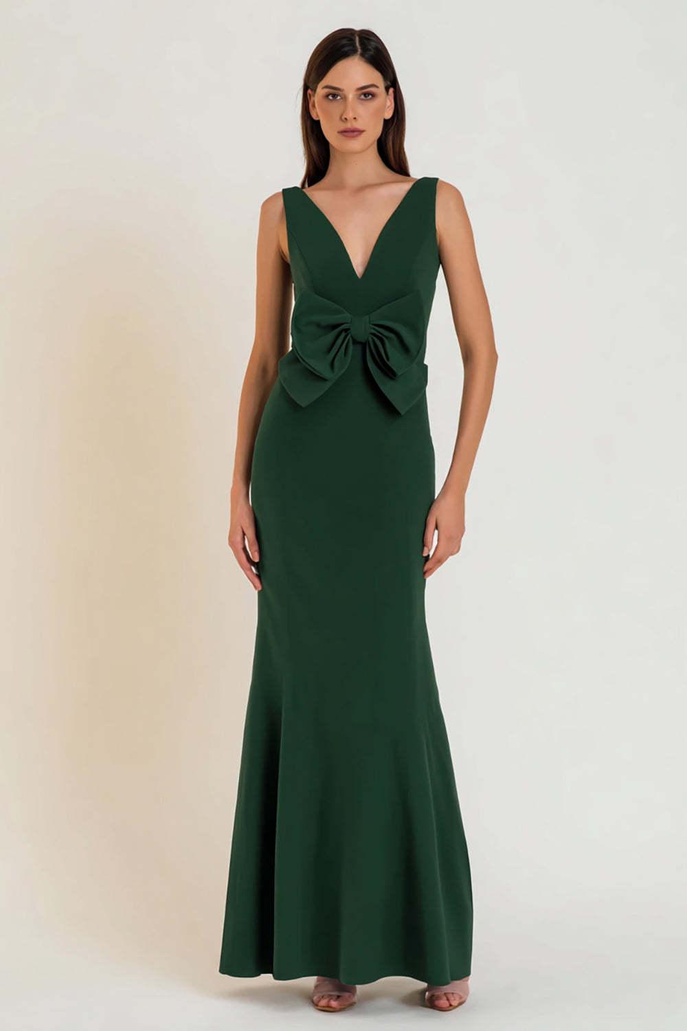 Suzhoufashion Dark Green Mermaid V-Neck Bowknot Long Prom Dress With Slit