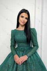 Dark Green Prom Dress A Line Sequined Ankle Length Formal Dress With Sleeves