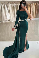 Dark Green Prom Dress Mermaid One Shoulder Beaded Panel Train Satin Slit Formal Dress