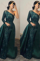 Dark Green Prom Dress Overskirt One Shoulder Long Sleeve Mermaid Evening Formal Dress With Sequined