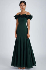 Dark Green Prom Dress Satin Off The Shoulder A Line Formal Dress With Ruffles