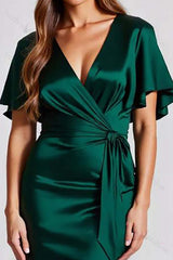 Dark Green Prom Dress Satin Short Sleeves V Neck Sheath Long Formal Dress