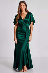 Dark Green Prom Dress Satin Short Sleeves V Neck Sheath Long Formal Dress