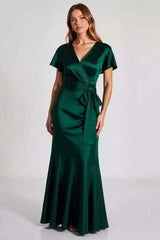 Dark Green Prom Dress Satin V-Neck Long Sheath Formal Dress With Short Sleeves