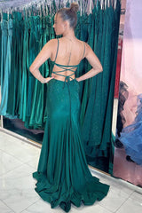Dark Green Prom Dress Sequined Mermaid Spaghetti Straps Long Formal Dress