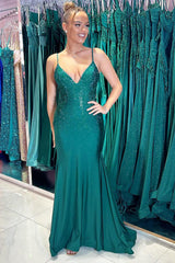 Dark Green Prom Dress Sequined Mermaid Spaghetti Straps Long Formal Dress