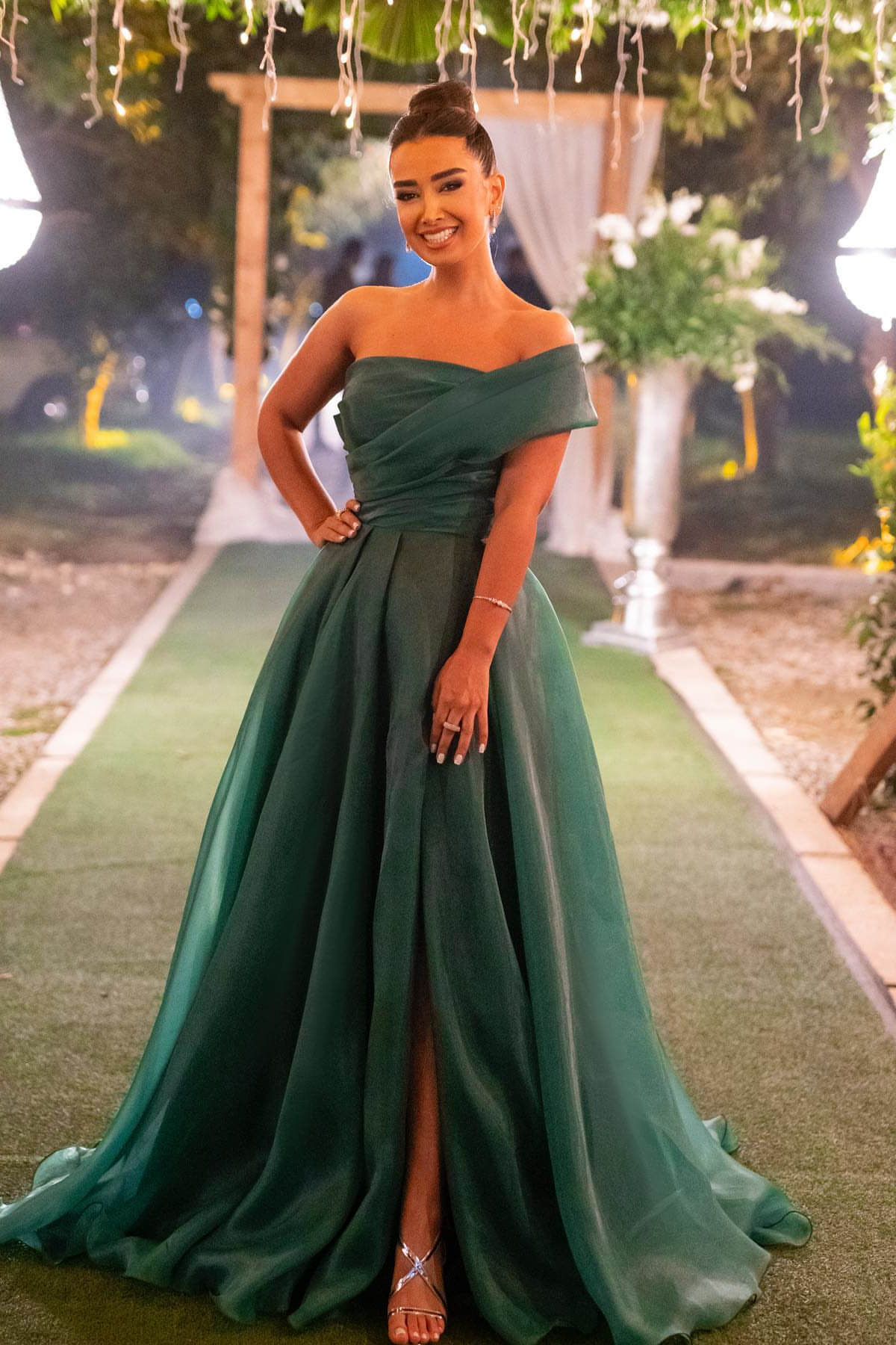 Dark Green Prom Dress Strapless One Shoulder Mermaid Front Split Evening Formal Dress with Bowknot