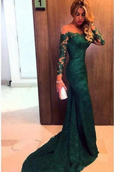 Dark Green Prom Dresses Long Sleeve Lace Sheath Evening Gown Bag258