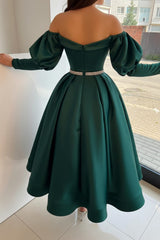 Dark Green Satin A Line Prom Dress with Puff Sleeves and Crystal Belt