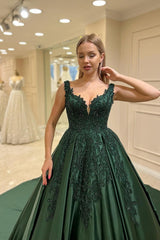 Dark Green Satin Ball Gown Prom Dress with Beaded Lace Appliques