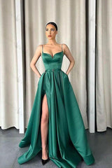 Dark Green Spaghetti Strapes Slit Prom Dress Long With Pockets