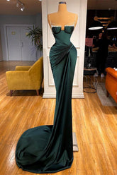 Dark Green Spaghetti Straps Prom Dress Mermaid Evening Formal Dress With Beadings