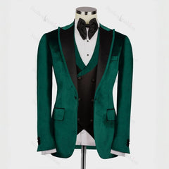 Dark Green Three Piece Velvet Peaked Lapel Prom Suit