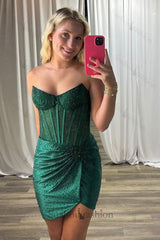 Dark Green Tight Homecoming Dresses Ruched Short Corset Cocktail Dresses With Beading