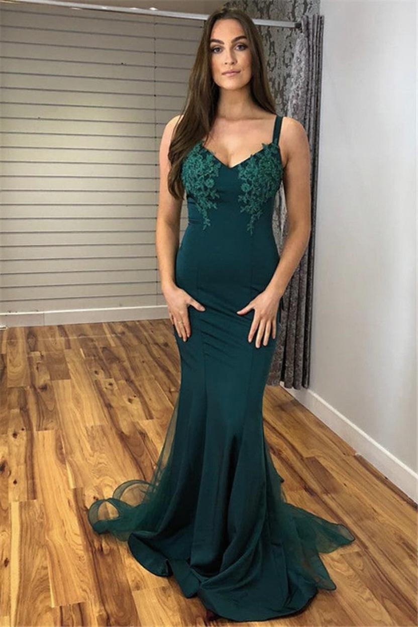 Dark Green V Neck Tulle Mermaid Evening Dresses | Appliques Sleeveless Prom Dress