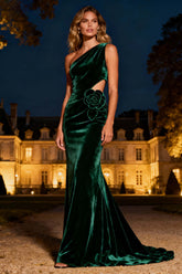 Dark Green Velvet Mermaid Cut-Out Long Holiday Party Dress With 3D Flower